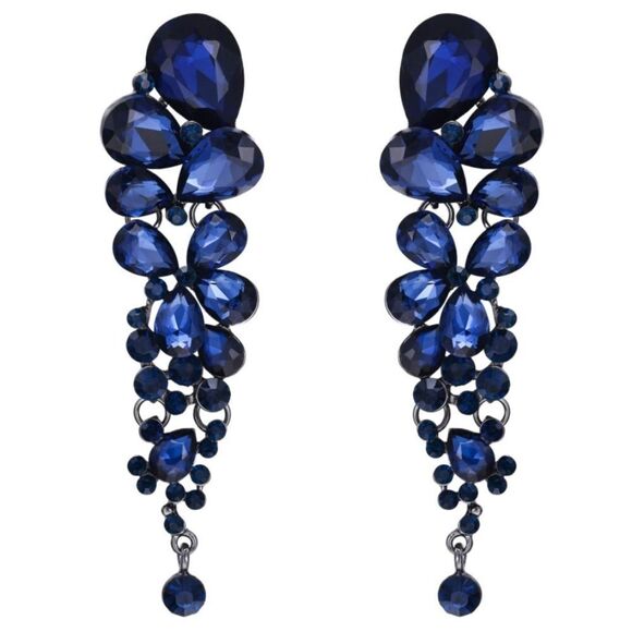 Gun Metal with Deep Sapphire Blue Austrian Crystal Chandelier Clip On Earrings - Picture 1 of 5